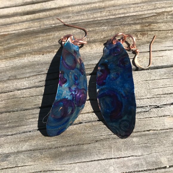 Handmade Solid Copper Earrings Blue Patina Embossed Abstract Circles Bohemian - Picture 4 of 7